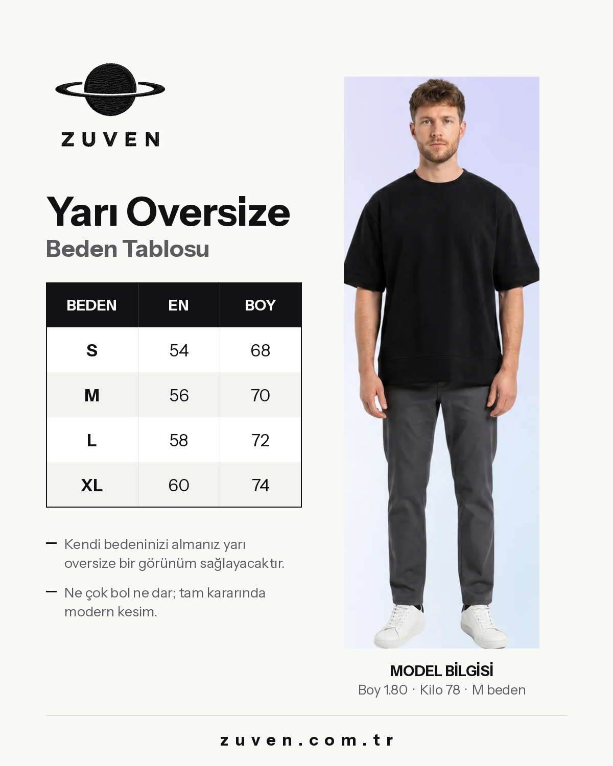 ZUVEN yarı oversize tişört beden tablosu